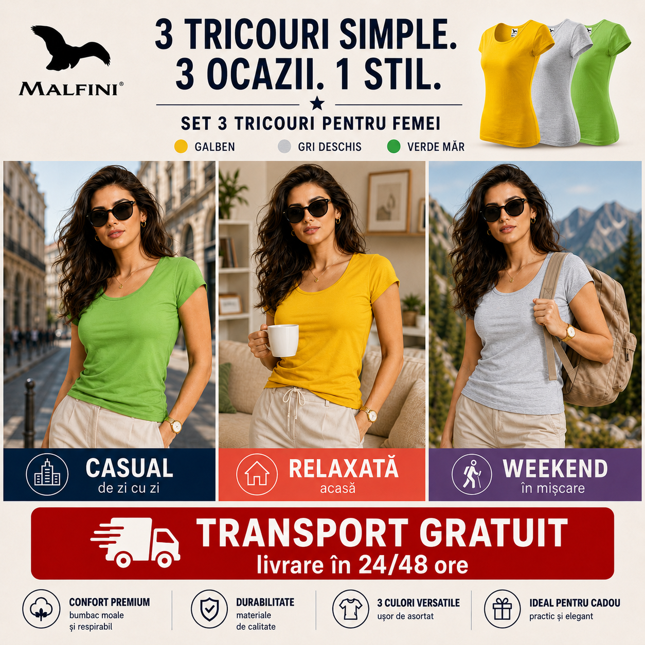 Tricouri damă din bumbac 100% cu decolteu elegant casual galben gri verde măr